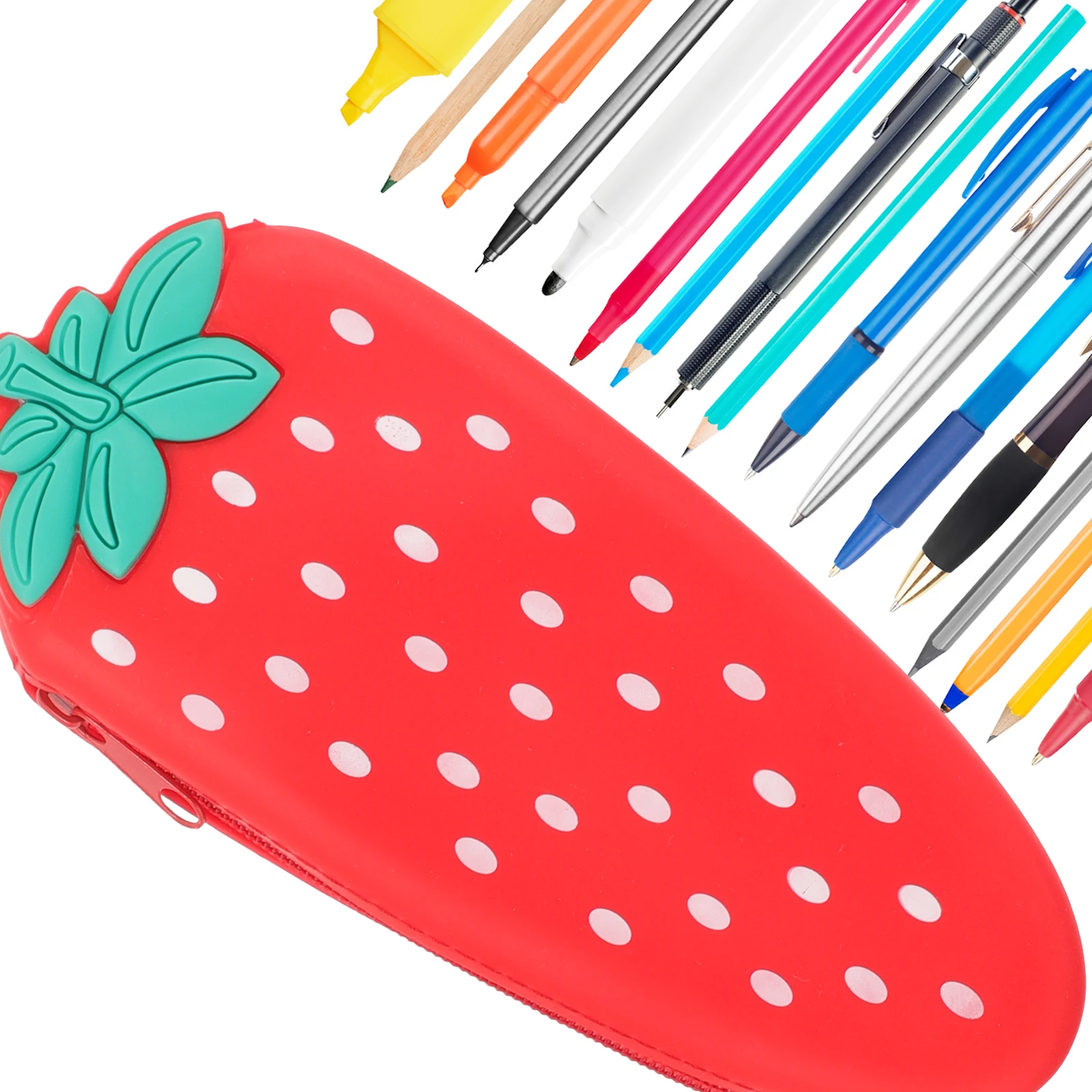 

Silicone Strawberry Pencil Case Portable Zipper Bag Stationery Supplies Kids Students Travel Storage Gift Packaging