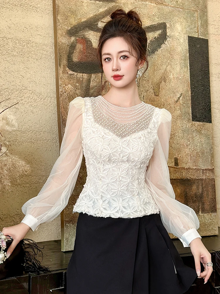 

Женская роскошная элегантная кружевная блузка с жемчужной отделкой, прозрачные топы с пышными рукавами и цветочной вышивкой, женская футболка для свадебных вечеринок
