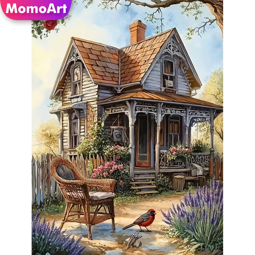 Momoart Diamond Painting Haus-Landschaft DIY Vollquadrat- und Runddiamant-Mosaik Kreuzstich-Set Stickerei-Dekoration für Zuhause