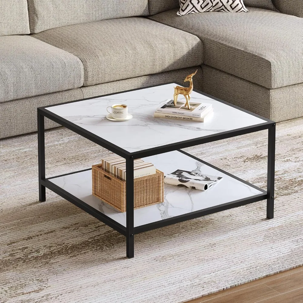 

White Coffee Table with Storage 2 Tier Modern Coffee Tables for Living Room Small Faux Marble Center Table for Office Apartment
