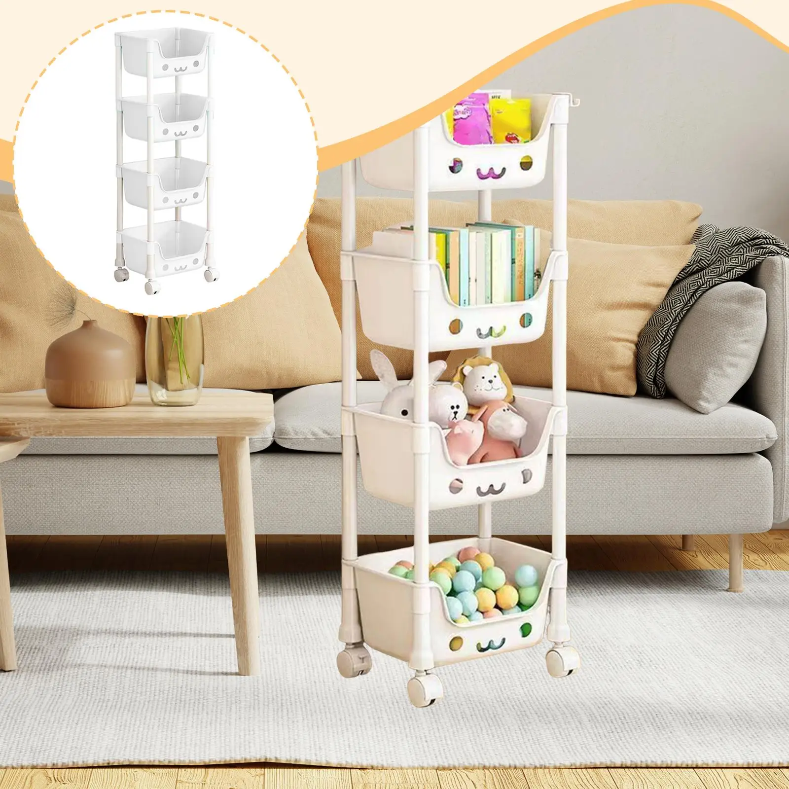 Compact Plastic Storage Cart 4 Tier Rolling Slim Organizer Trolley with Wheels for Bathroom Laundry Kids Toys Bookshelf