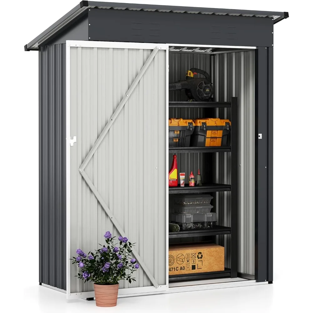 

Outdoor storage shed, galvanized metal tool room with sloping roof, 2 ventilation openings, lockable door