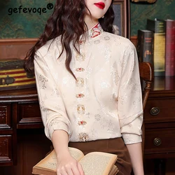 2024 Spring Autumn Women Fashion Vintage Chinese Style Embroidery Shirts Elegant Chic Stand Collar Blouse Long Sleeve Loose Tops