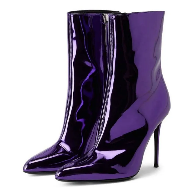 

SHOFOO Sexy women's high heels boots. Purple patent leather ankle boots. About 11cm heel height. Sharp pointed short boots.34-46