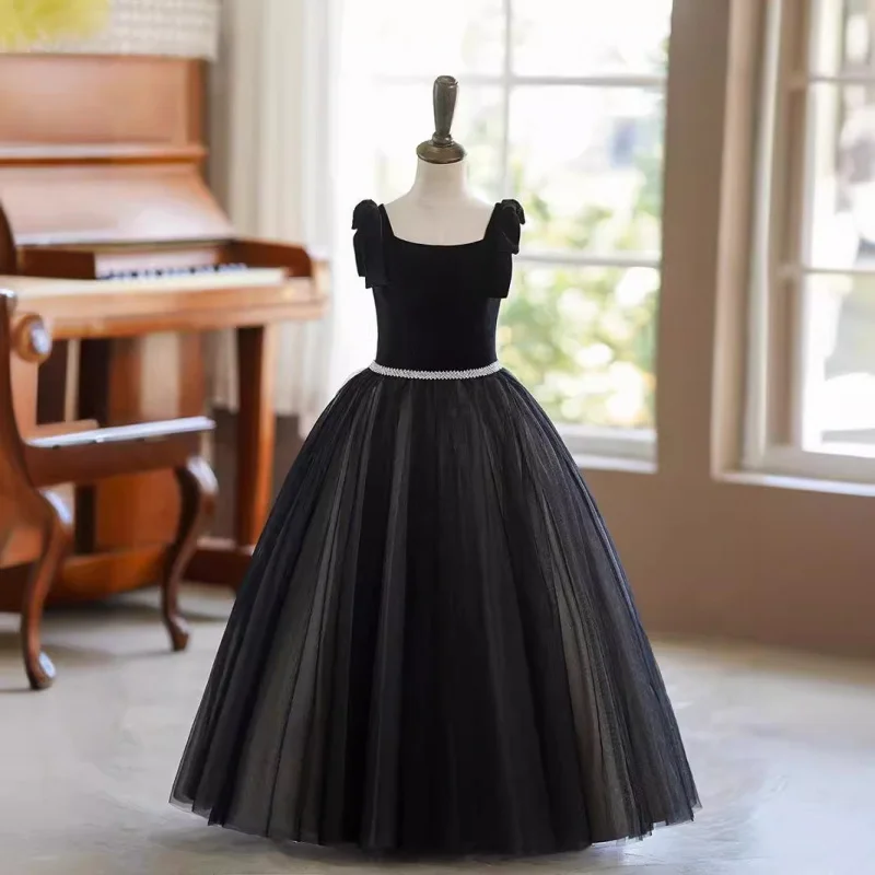 Black Hepburn Style Girls' Dress High-End Piano Playing Violin Costume Children's Birthday Host Princess Dress