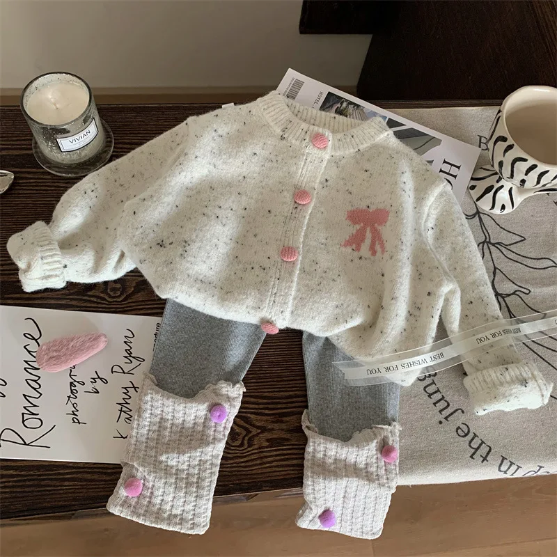 Korean Version of Children's Clothing 2025 New Autumn Girls Bow Knitted Sweater Cardigan Stacking Socks Leggings Two-piece Set