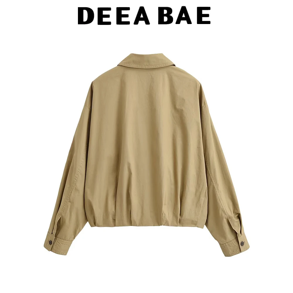 DEEABAE Spring new women's casual pleated hem pocket trimmed edge lapel bubble long sleeved jacket