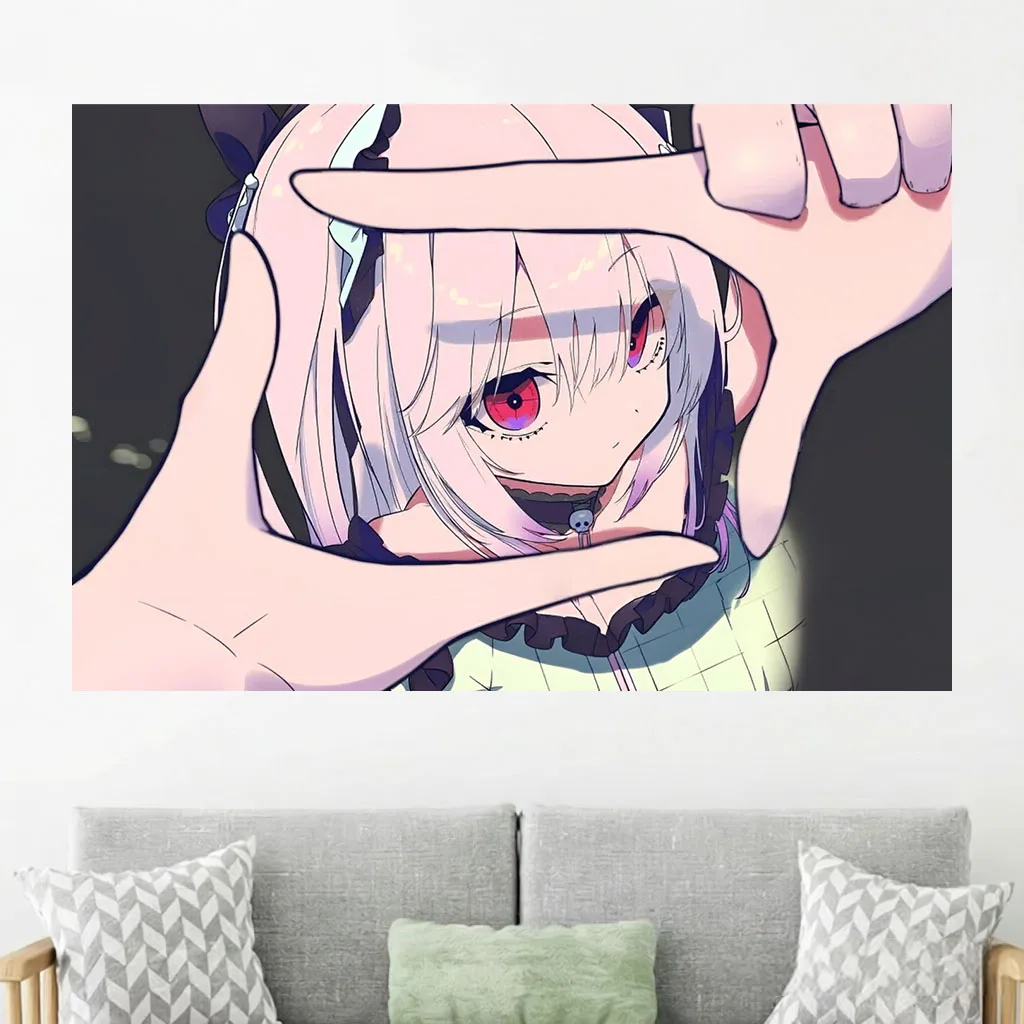 Pastel Gothic Anime Girl Tapestry Silver Purple Hair Red Eyes Skull Choker Peek Frame Dark Manga Wall Hanging Dorm Bedroom Wall