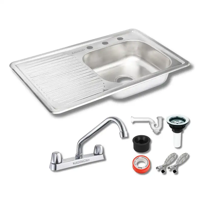 Fregadero Tarja para Cocina Empotrable con Escurridor de Trastes. Acero Inoxidable 80x50 cm con Kit y Mezcladora Fijo