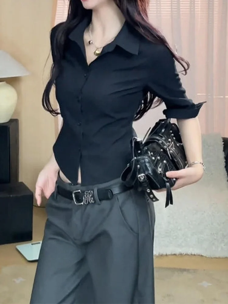 

Новая модная женская блузка Bla Mid-Sve в корейском стиле, приталенная, с отложным воротником, с манжетами на талии, для офиса и повседневной носки, летняя