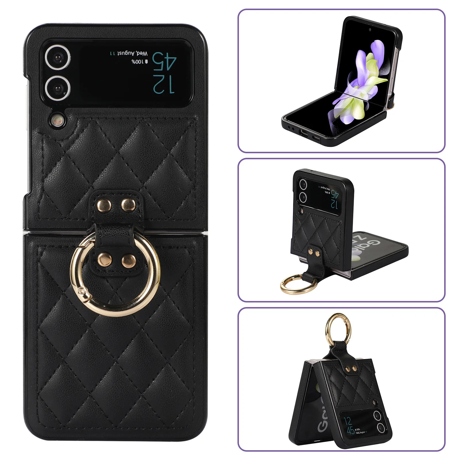 Luxury Diamond grid Design Fold PU Leather Hard Phone Case With Ring for Samsung Z Flip 3 4 5 6