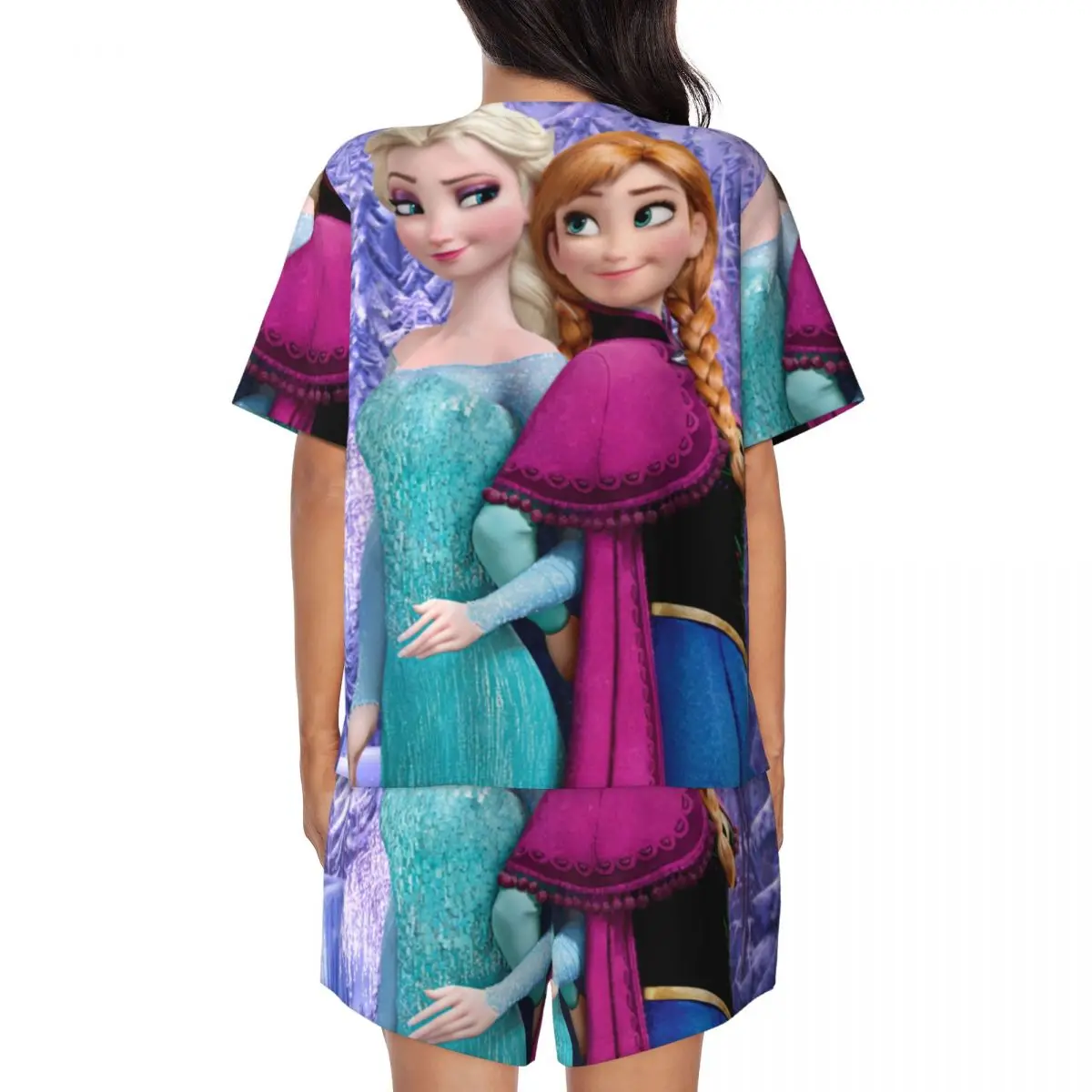 Custom Printed Women Cartoon Frozen Pajamas Set Short Sleeve Anna And Elsa 2 Piece Sleepwear Pjs Lounge Sets