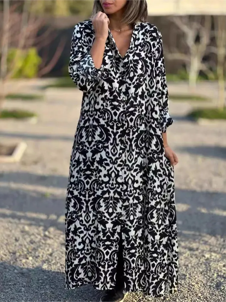 Sexy V Neck Long Sleeve Woman Dress Office Lady Spring Summer Casual Loose Bohemian Print Dresses For Women 2024 Female Robe