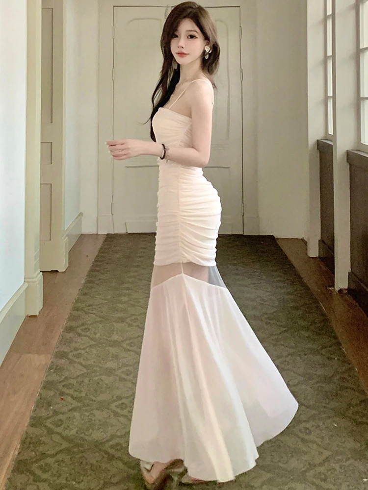 Été blanc maille Patchwork pure Sexy à volants longue robe femmes élégant décontracté fronde robe 2025 coréen moulante fête robe de nuit