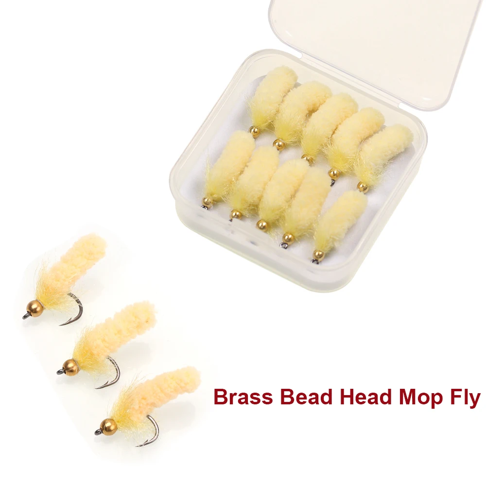 10 unids/caja cabeza de cuentas de latón fregona mosca grúa Artificial mosca Caddis Larva mosca de ninfa húmeda para trucha Grayling Señuelos de Pesca cebo
