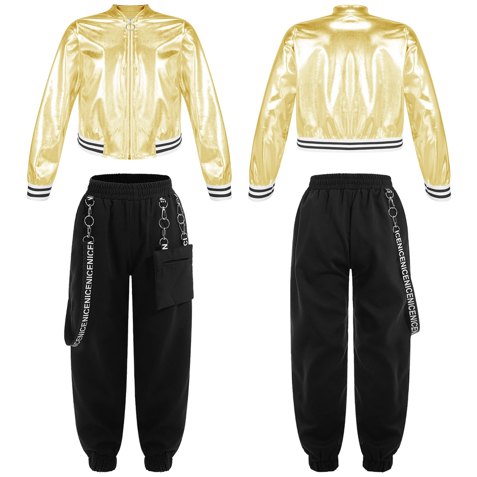 Bambini Hip Hop Jazz Dancewear Metallic paillettes giacca a maniche lunghe + pantaloni della tuta Outfit per Street Dance Stage Performance Costume