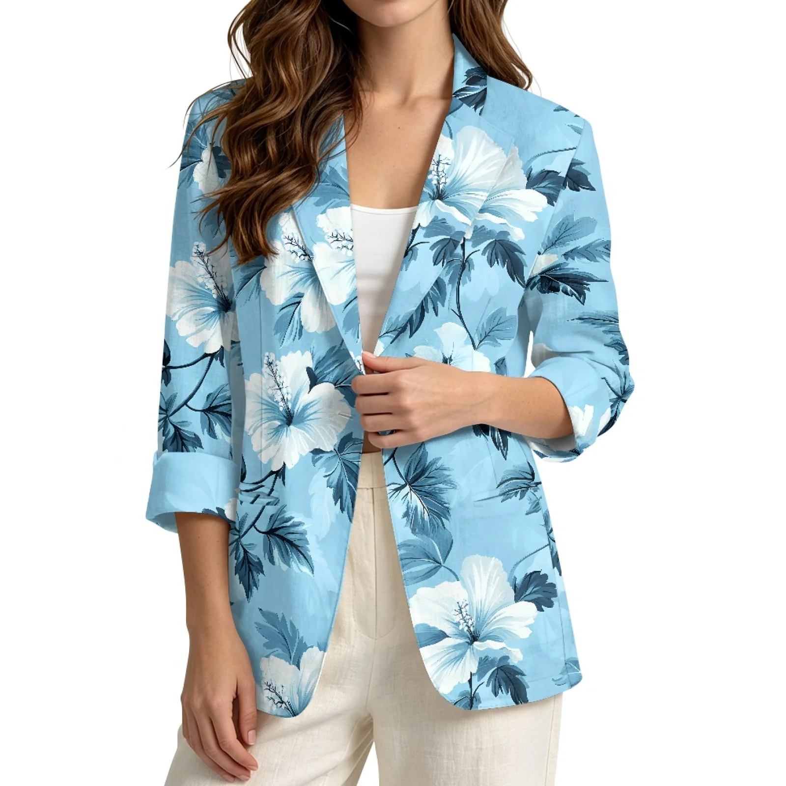 PENSTROLL Hibiscus Casual Outerwear for Vacation Linen Style Open Front Cardigan S-3XL