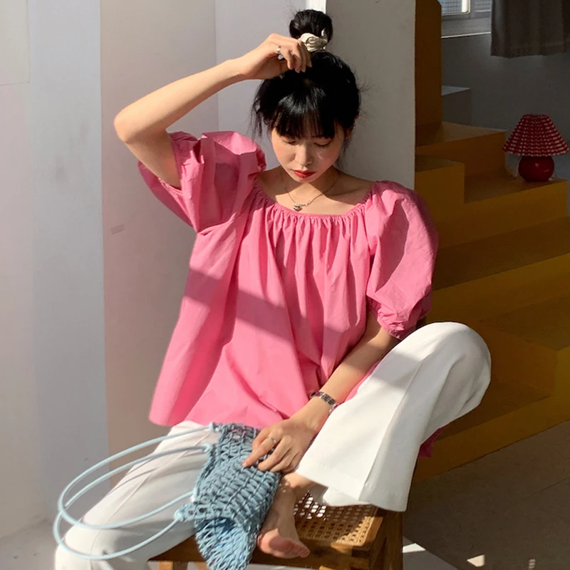 Pure Cotton White Shirts Women Korean Hollow Out Bandage Blouses Summer Streetwear Fashion Pink Puff Short Sleeve Loose Tops New