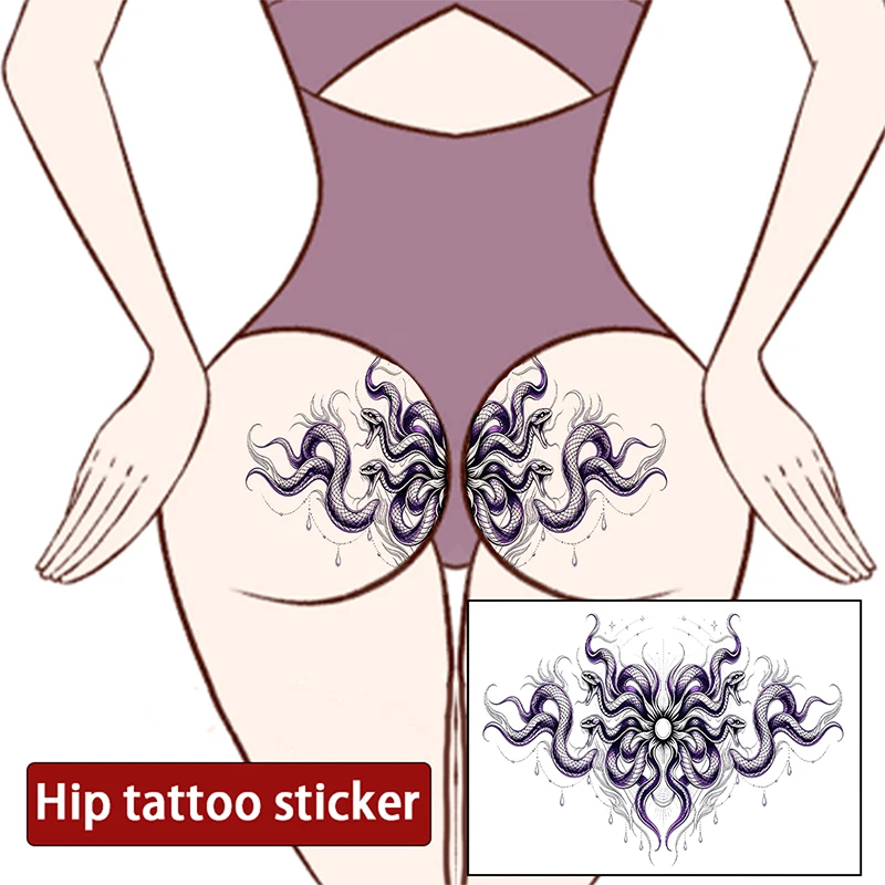 Long-lasting sexy buttock tattoo stickers, waterproof and sweatproof, chrysanthemum temporary stickers, women's snake pattern.