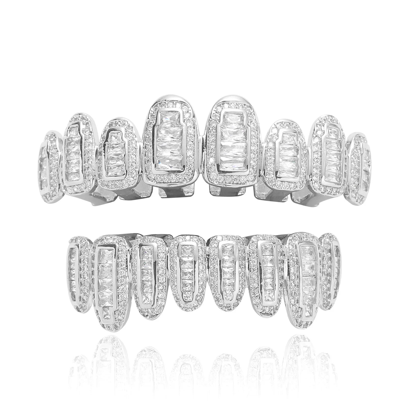 

Hip Hop Fashion Jewelry Bling 8PCS Teeth Grillz with Micro Inlay T Square Zircon Fangs Gold Teeth, Perfect Gift for couple