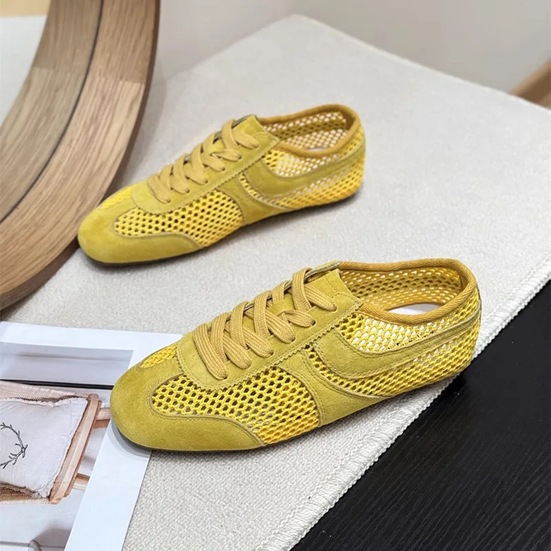 

Women Casual and Comfortable Shoes Summertime Flat Lace-up Shoes Women Genuine Leather Mesh Ventilation Sneakers