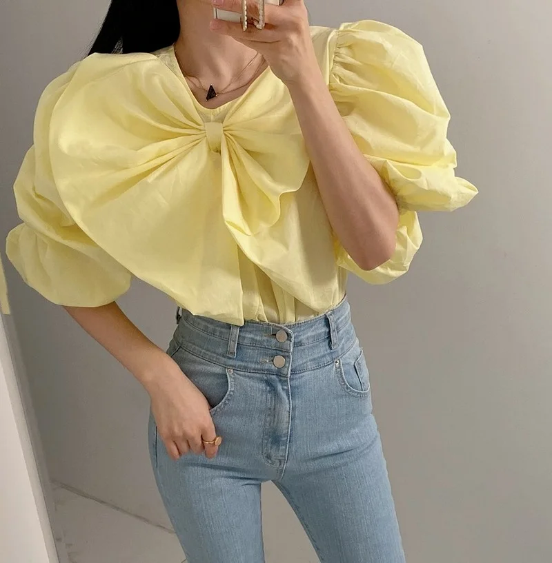 Neploe Korean Fashion Western Style Shirt Femme Solid Color Versatile Pleated Bowknot Decoration Blouse Sweet Puff Sleeve Blusa