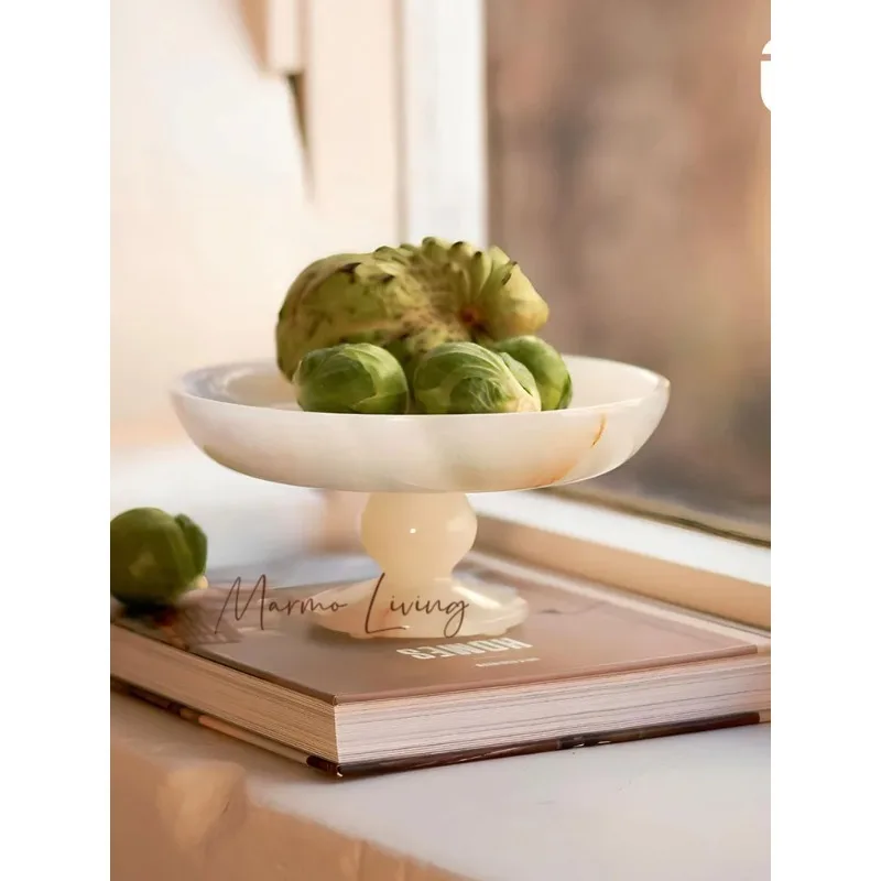 White Onyx Natural Marble Serving Tray for Dessert and Bread Luxury Fruit Bowl for Kitchen Counter or Dining Room Table