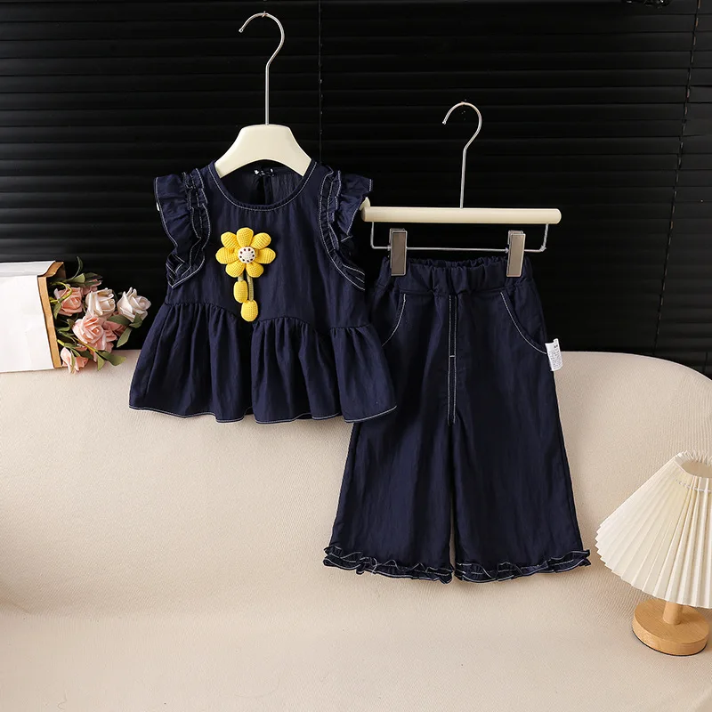 Summer Sweet Style Kids Piece Set Little Flower Sleeveless Top+Ruffle Solid color Pants 2 Pcs Girls Thin Children Suit