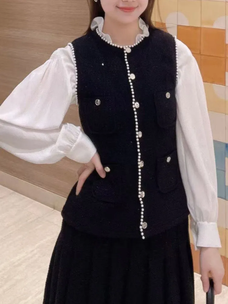 

Spring/Fall Women O-Neck Pearl Besded Trim Solid Knit Set Sleeveless Single-breasted Vest + Pleated Elegant Casual Mini Skirt