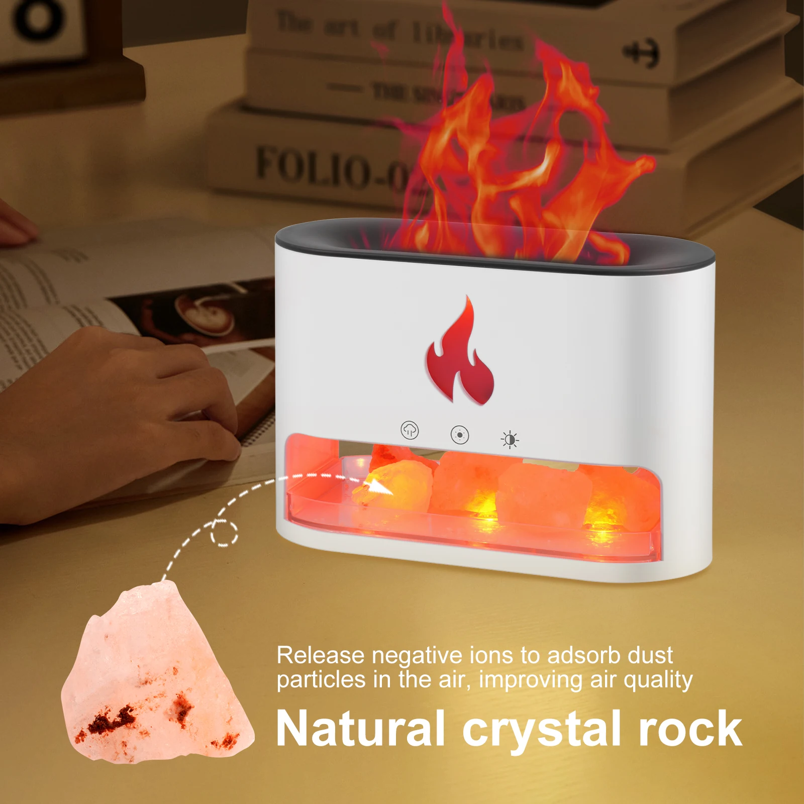 Crystal Salt Stone Colorful Atmosphere Lamp Flame Aromatherapy Machine Volcano 3D Simulation Flame Humidifier - White