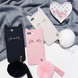 3D Cartoon Cute Cat Ear Beard Soft Silicone Phone Case For iPhone 11 12 13 14 15 16 17 Pro Max Rubber Cover With Fur Hair Ball