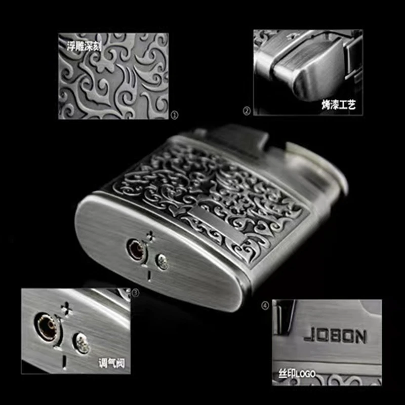 JOBON Embossed Butane Gas Lighter Jet Metal Windproof Torch Cigarette Cigar Lighter Retro Press Ignition Smoking Accessories