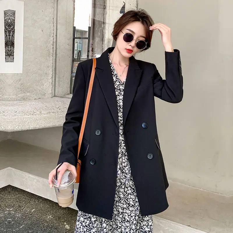 Women Korean Style 2025 Spring Autumn New Loose Mid Length Blazer Solid Color Student Vibe Versatile for Commute Daily Outfits