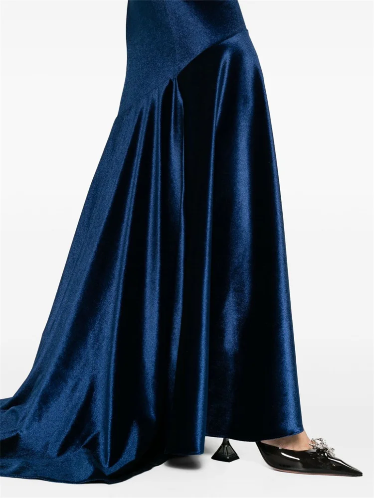 Customized Square Neckline Thin Straps Mermaid Velvet Evening Dress Open Back Zipper Floor Length Sweep Train Gown For Women