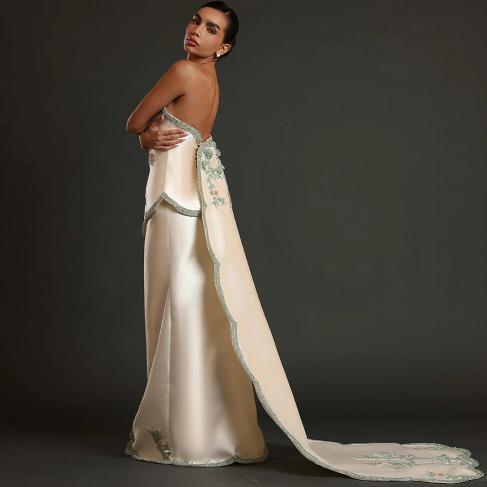 

Formal Satin Appliques Evening Dress Modern Strapless Backless Customized Party Dress Temperament Watteau Train Celebrity Gowns