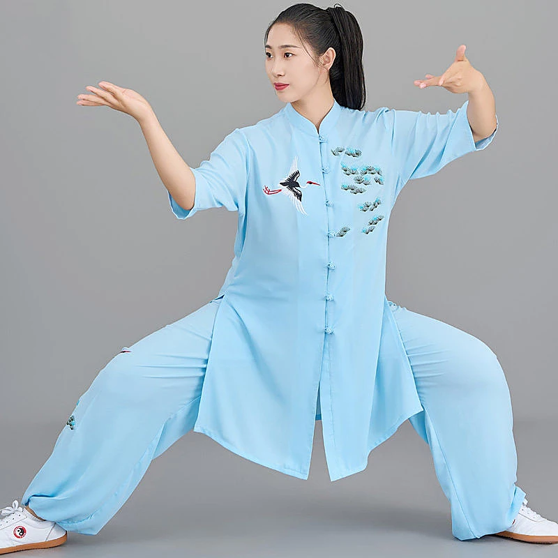 Custom Mint Green Ice Silk Tai Chi Suit, Pine Crane Pattern Thin Short Sleeve Unisex for Summer Practice