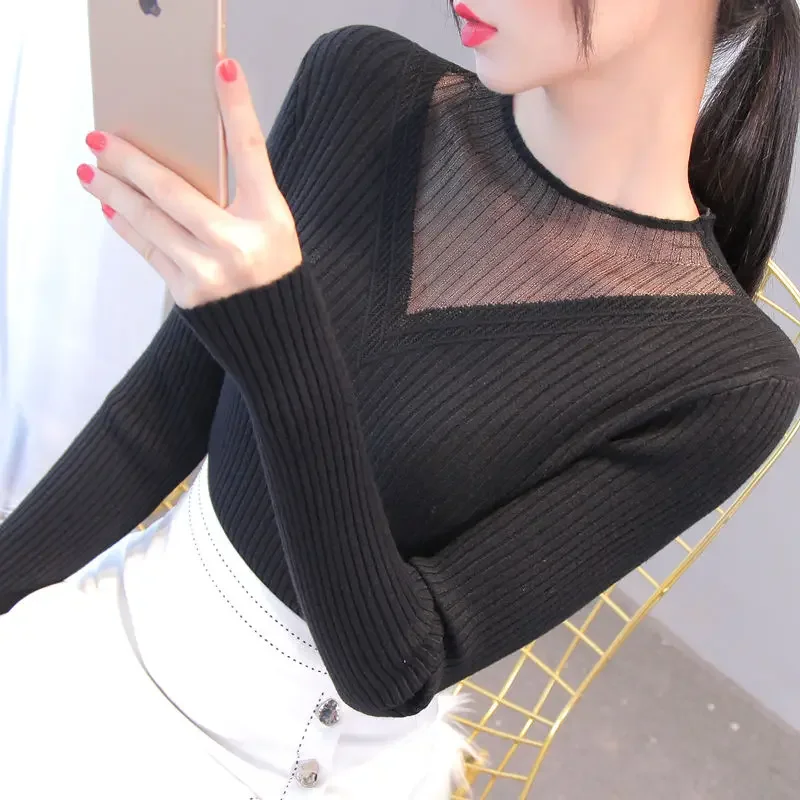 Spring and Autumn Women's Pullover High Neck Hollow Solid Loose Fit Long Sleeve Knitted Sweater Underlay Fashion Elegant Tops