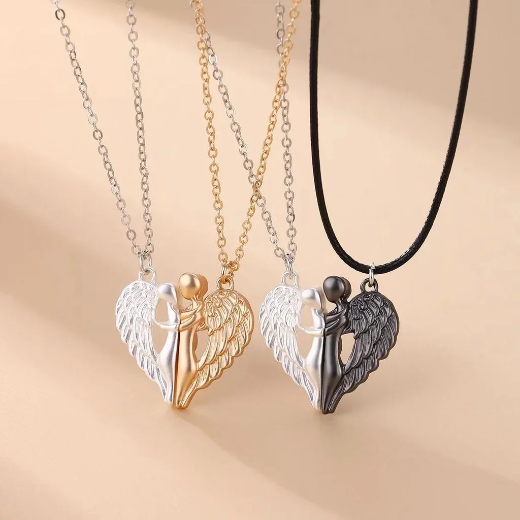 2Pcs Romantic Magnetic Lock Pendant Necklace With Angel Wings Pendant For Couples On Valentine‘s’ Day Charms Trendy Jewelry