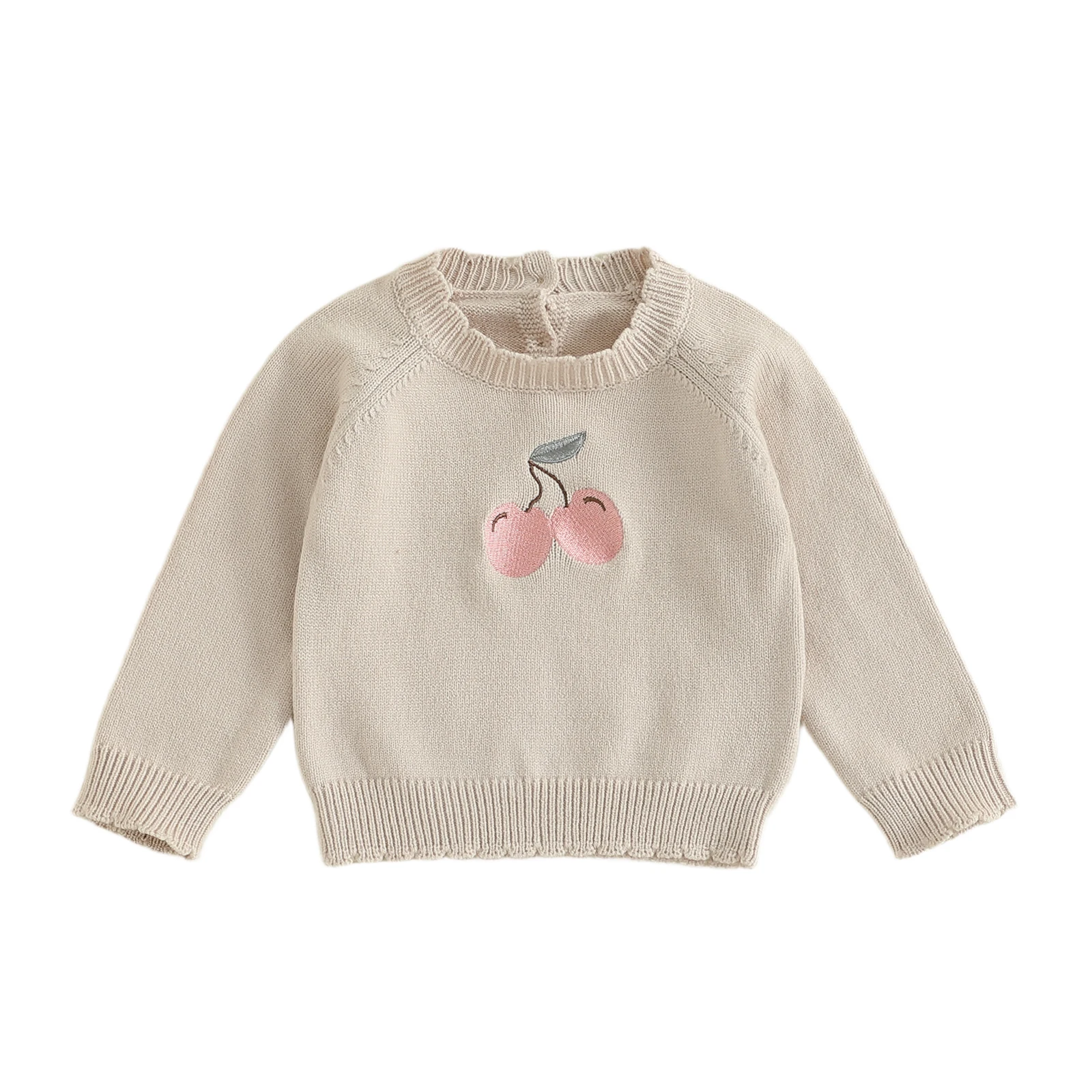 

Toddler Baby Girl Fall Sweater Cherry Embroidered Ribbed Trim Crew Neck Long Sleeve Knitted Tops