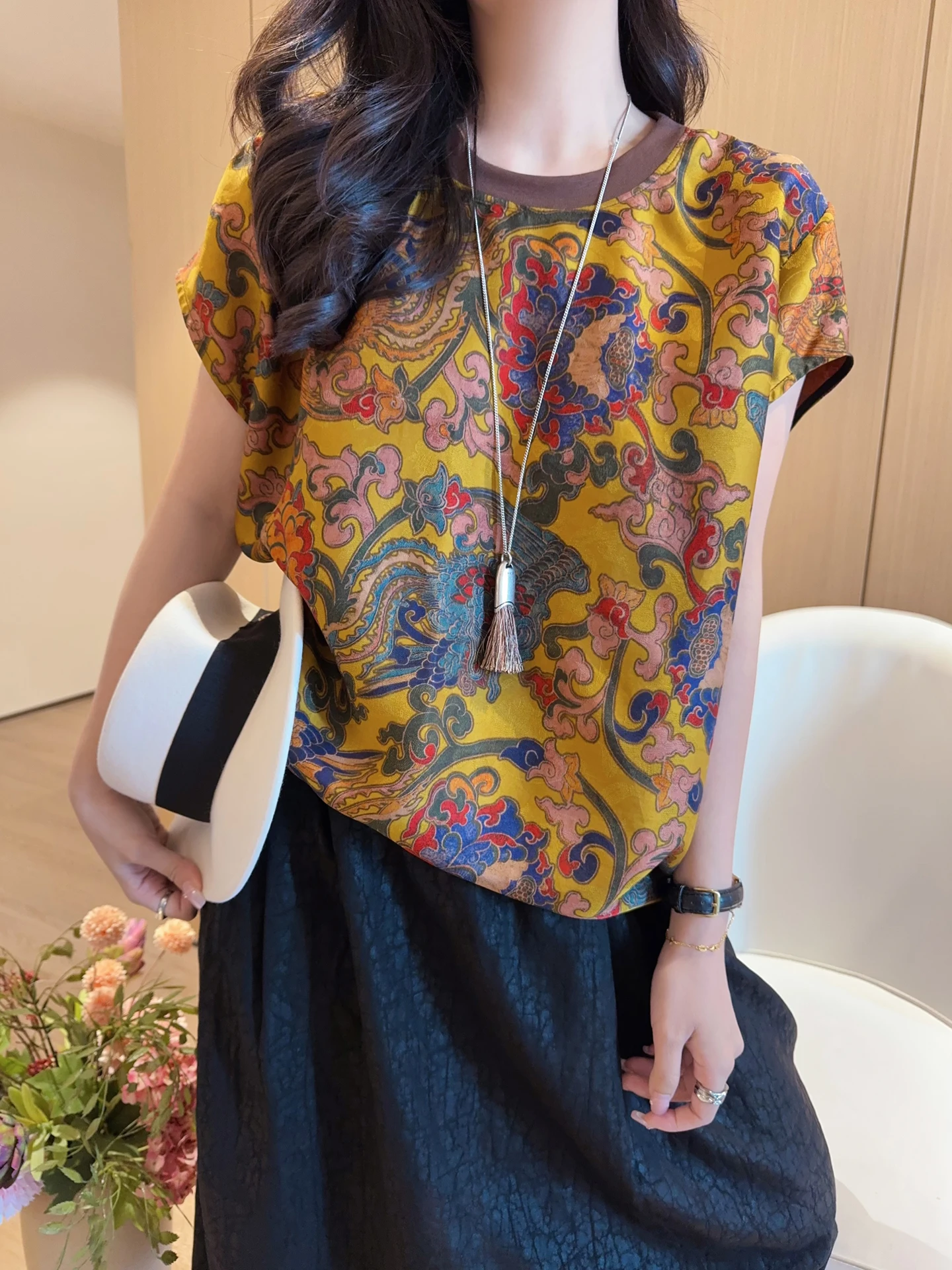 

Elegant Silk Cloud Cloth round Neck Short Sleeve Women's Top Retro Style Chinese National Fashion Summer New Arrival