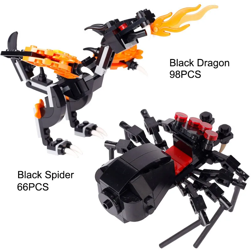 MOC Black Spider Castle Fire Dragon Building Blocks Kit Duck Animals Cat Deer Monster Boar Bear Bricks Assemble  Toys Boys Gift