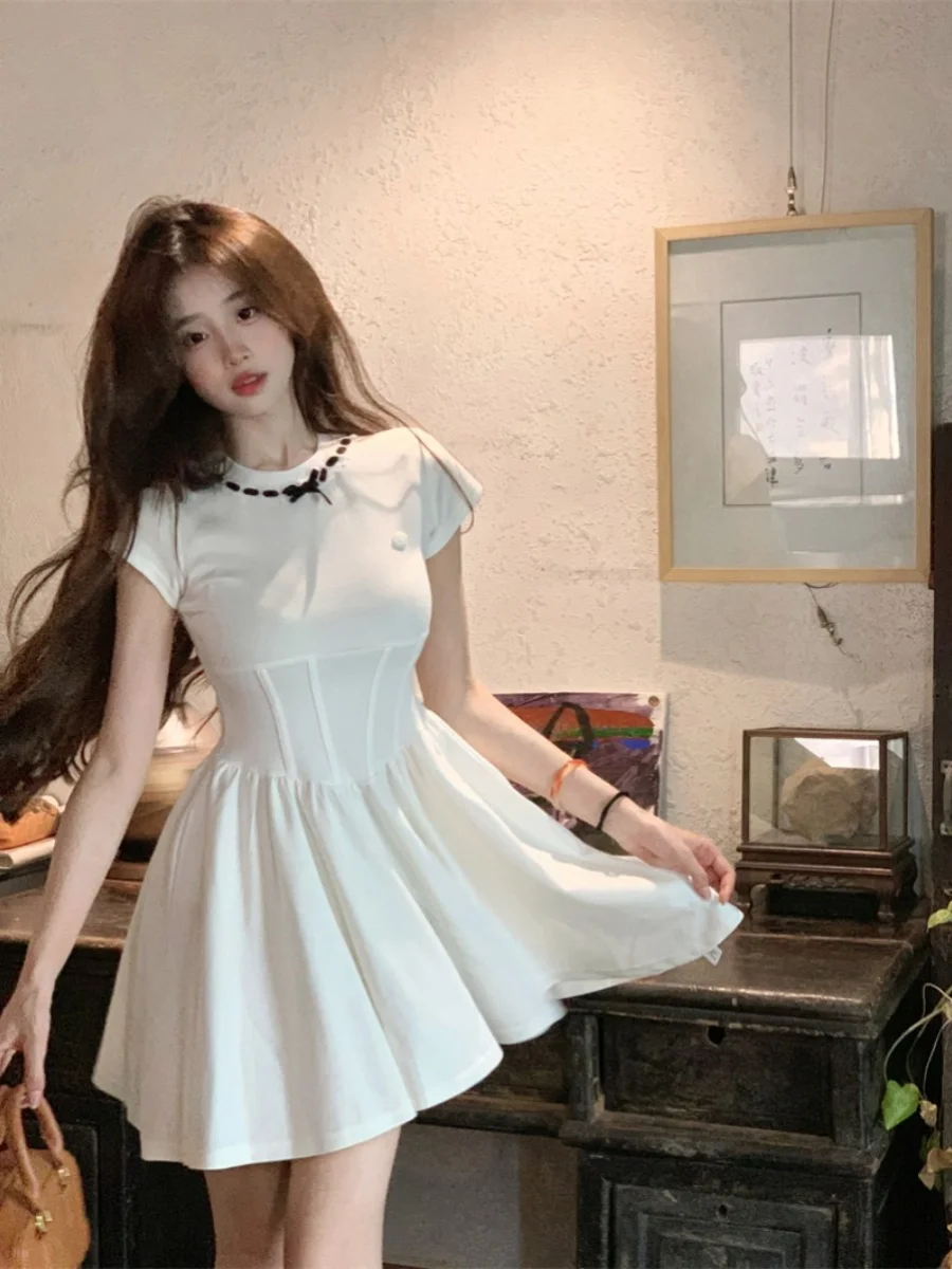 

plus Size Women's Pure Desire White Short Sleeve Dress Summer New Fishbone Splicing A-Line Skirt Korean Style Commute Wind
