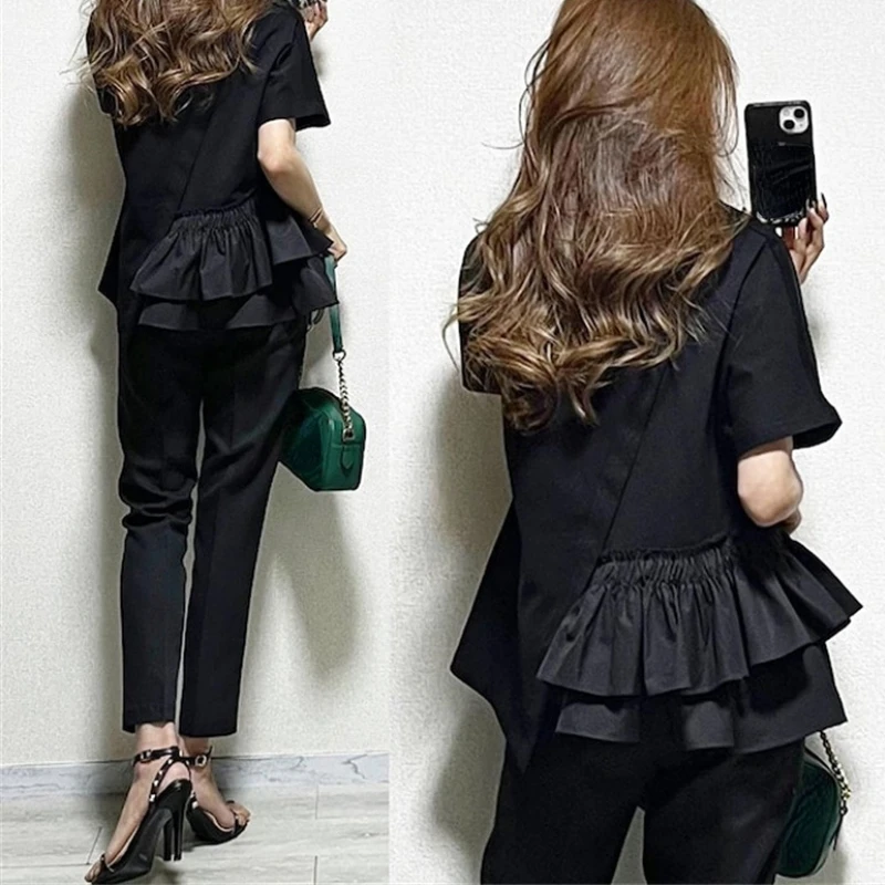 New Short Sleeve Tshirts Women Ruffles Patchwork Asymmetrical Fashion T Shirts High Street Casual All-match Tops
