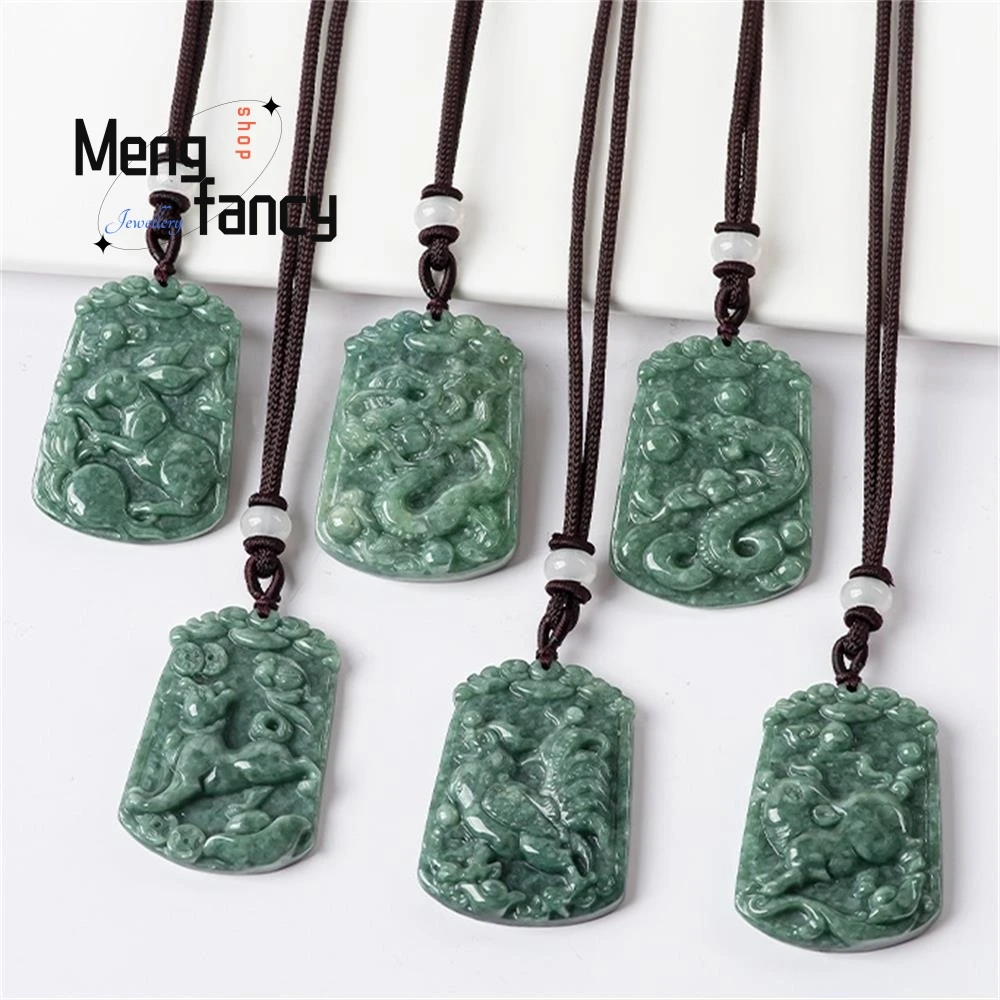 Natural Jadeite Zodiac Pendant Charms Fashion Engraver Fine Jewelry Amulet Mascots Men Women Luxury Couple Souvenir Holiday Gift