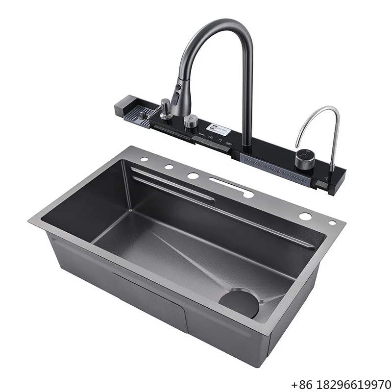 

Luxury Smart Kitchen Sink Set Stainless Steel Multifunctional Double Bowl Digital Display Brushed Surface Modern Waterfall