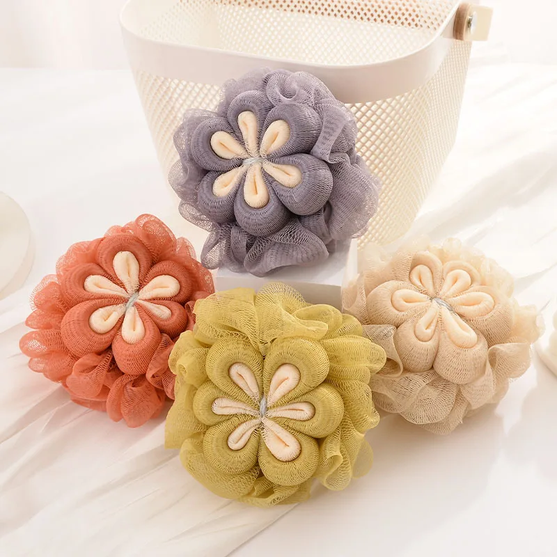 Flower Shaped Bath Balls Color Blocking PE Bath Flower Soft Mesh Scrubbing Bubble Net Two Color Bath Flower Bathing Accessories