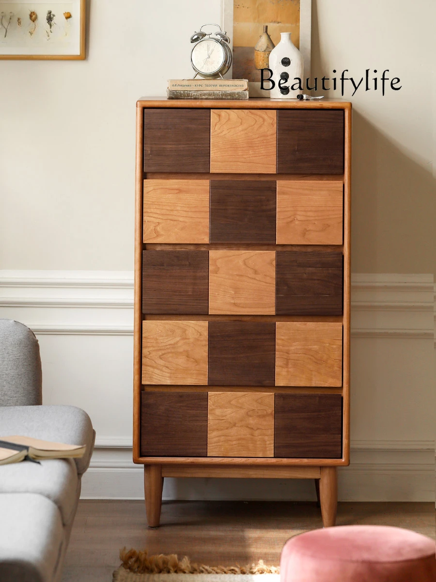 Retro Chest of Drawers Cherry Wood Black Walnut Chessboard Drawer Cabinet Bedroom Solid Wood Locker