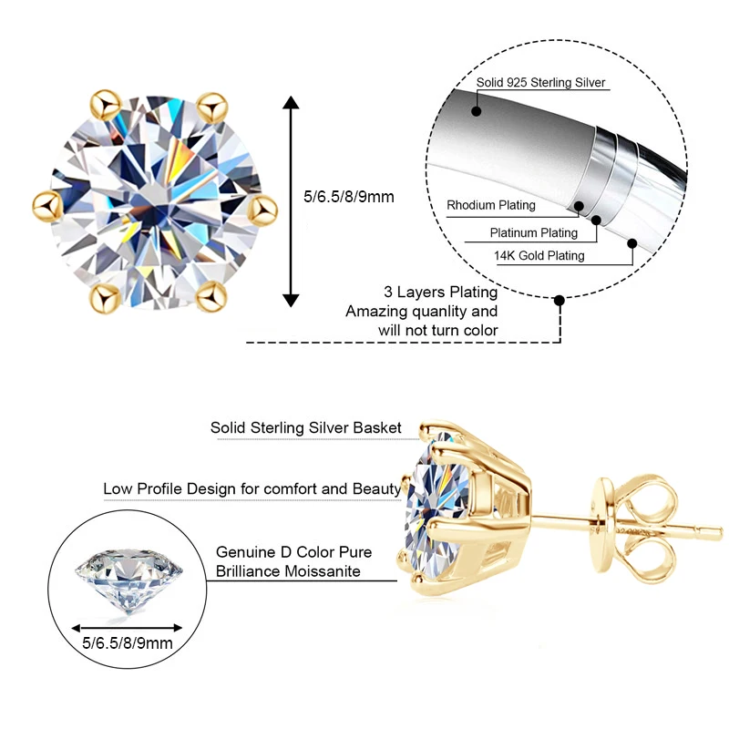 IOGOU 100% 925 boucles d'oreilles en argent Sterling Moissanite pour femmes hommes étincelant 5mm/6.5mm/8mm/9mm laboratoire diamant Piercing clous d'oreille