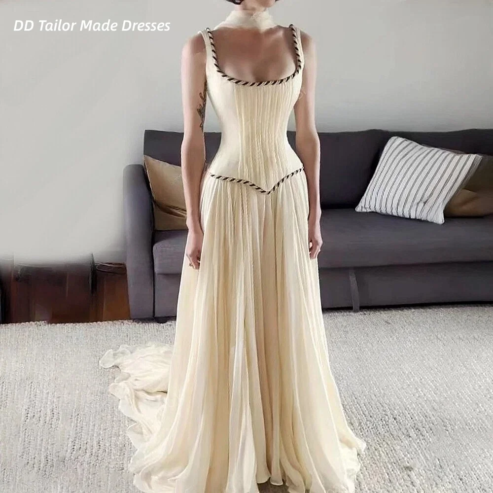 ضوء الشمبانيا الشيفون بوهو فستان الزفاف الأشرطة أكمام مطوي طويل خمر الأميرة شاطئ أثواب الزفاف حسب الطلب #1