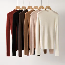 Half High Collar 100% Pure Wool Sweater Women Seamless Slim Long Sleeve Basic Knit Pullover Tops